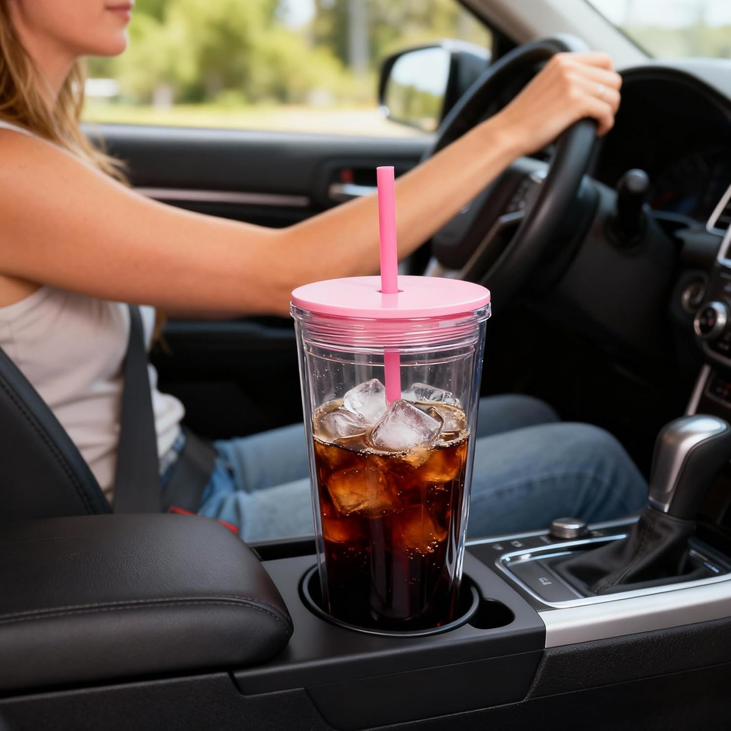 24oz Tumbler with Lid and Straw, Leak Proof and Double Wall Insulated Reusable Plastic Cups,Travel Reusable Iced Coffee Cup (1, Pink)
