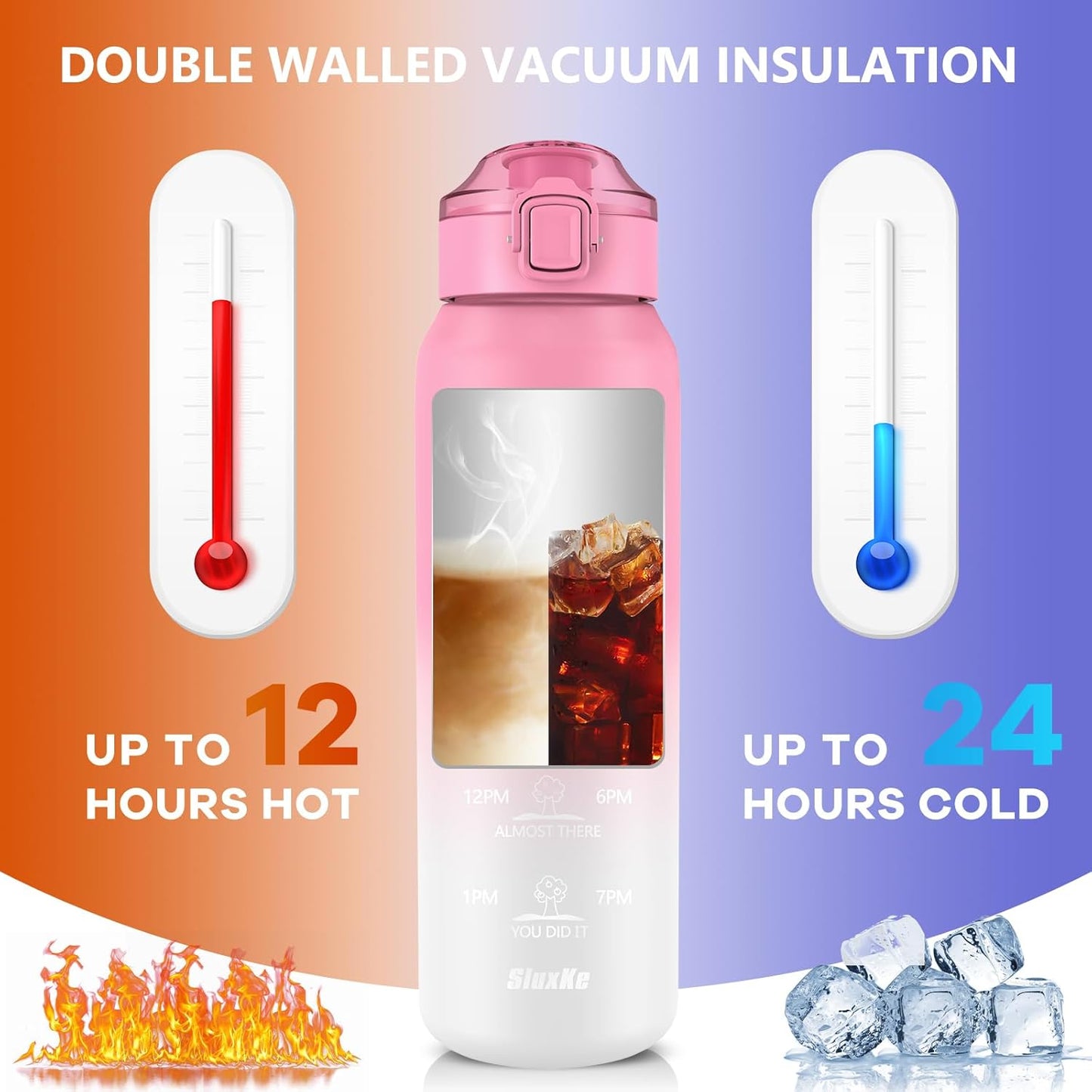 SLUXKE 24oz Insulated Water Bottle 18/10 Stainless Steel with 2Lids(Straw Lid& Spout Lids), 700ml Double Wall Vacuum Water Bottle with Handle Keep Cold and Hot for Men, Women & Kids PURPLE PINK