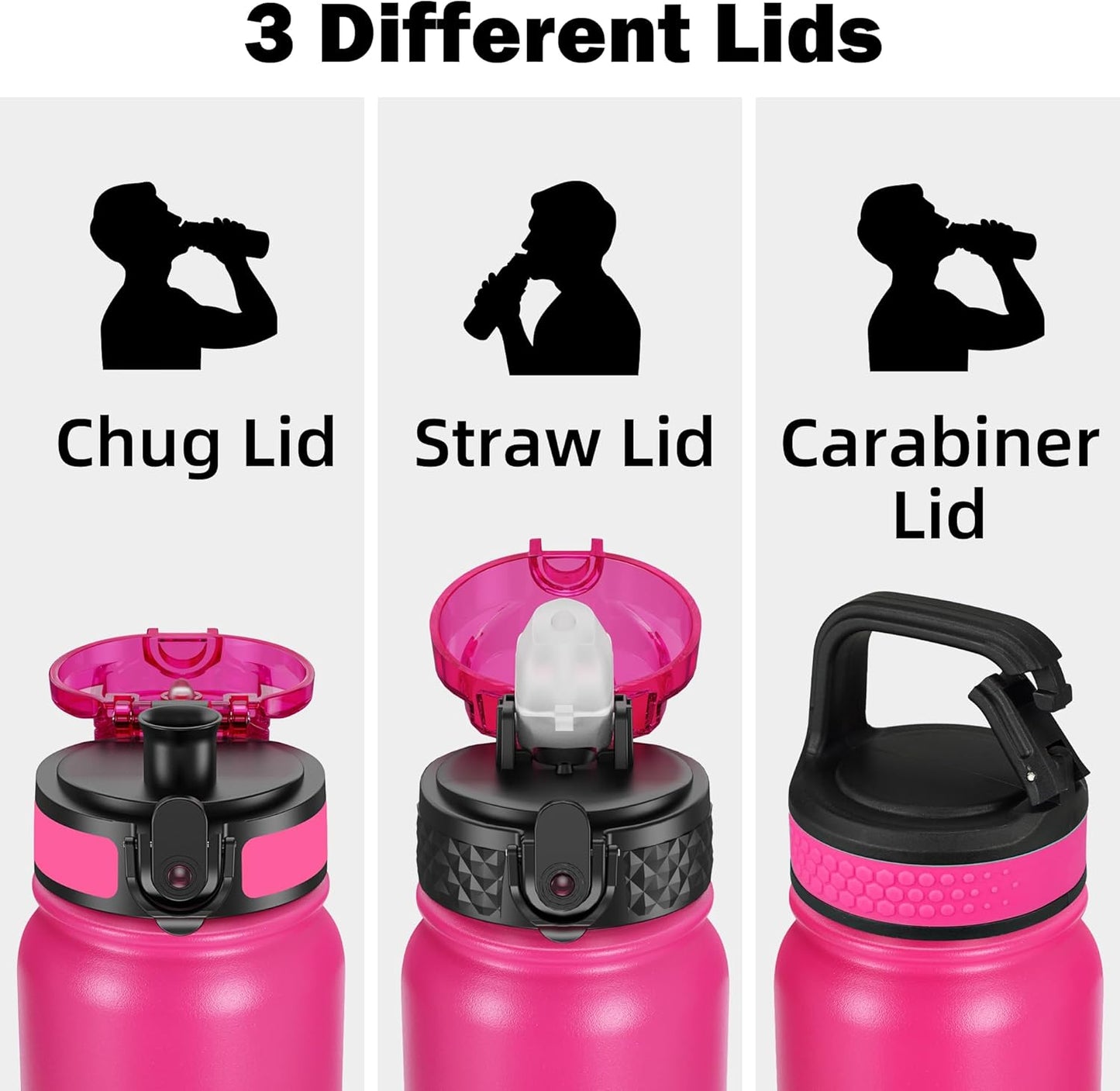 Oldley Insulated Water Bottle 20oz for Adults Kids Stainless Steel Water Bottles with Straw/Chug/Carabiner 3 Lids Fruit Strainer Double Wall Vacuum Wide Mouth BPA Free Leak-Proof for School Travel