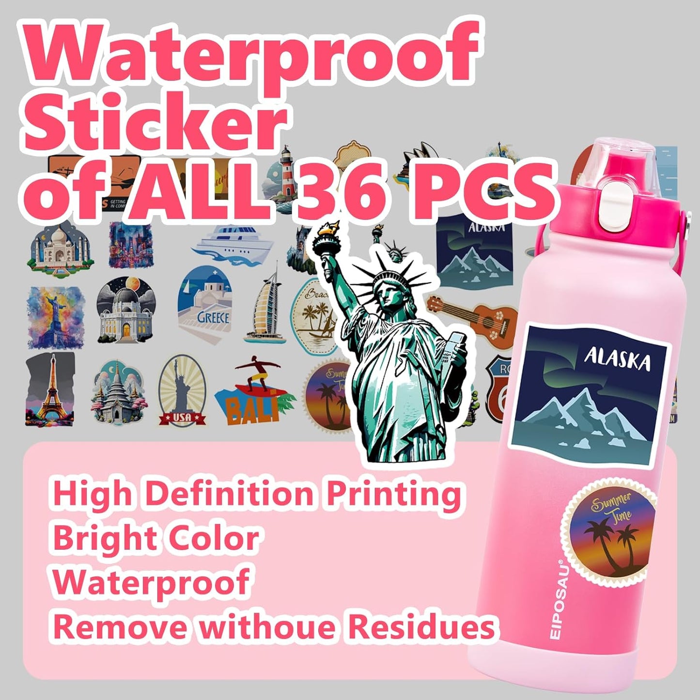 Insulated Water Bottle with Lid & Boot & Stickers, 24 oz Stainless Steel Sweat Free Bottle Keep Cold 24H, BPA-Free Sports Wide Mouth Water Bottle, BlueBlack