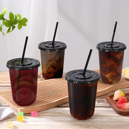 tchrules 100 Set 16oz Plastic Cups with Lids and Straws, Disposable Clear Iced Coffee Cup with Lid, Round Bottom Plastic To Go Cups for Cold Drinks Slushie Smoothie Lemonade Matcha Party Shop Supplies