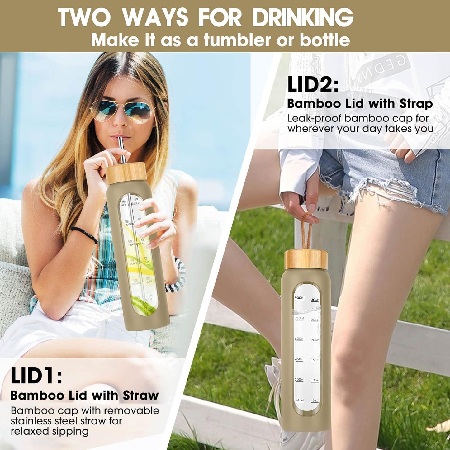SipZest 32 oz Glass Water Bottle with Straw - Motivational Time Marker & Silicone Sleeve - Reusable Tumbler Includes 2 Bamboo Lids & Fruit Infuser - 1 Pack