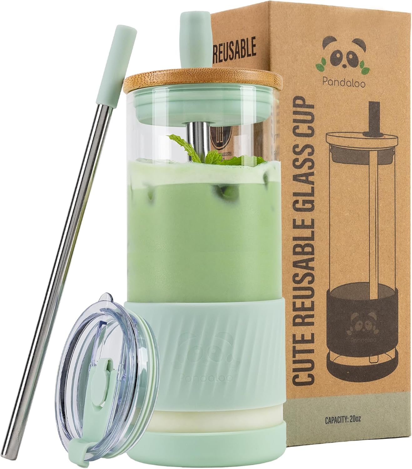 Pandaloo® Glass Cups With Lids and Straws -20 Fl Oz- Perfect Size Iced Coffee Cup - Smoothie Cup With Bamboo Lid and On the go Lid - Glass Tumbler With Straw (1 Count (Pack of 1), Lilac Rhapsody)