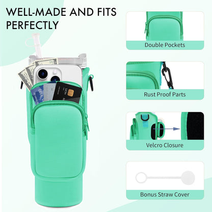 JEBEALUO Water Bottle Carrier Bag with Phone Pocket for Stanley Cup 40/30 oz, Water Bottle Holder with Adjustable Strap& Straw Cover, Stanley Cup Accessories
