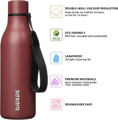 BJPKPK Insulated Water Bottles, 18 oz Stainless Steel Metal Water Bottle with Strap, BPA Free Leak Proof Jugs, Mugs, Flasks, Reusable Thermal Flasks for Sports & Travel, Black - Colors B