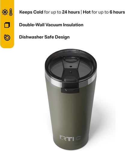 RTIC 16oz Essential Pint Tumbler with Lid, Ceramic Lined, Insulated, Stainless Steel, Metal, Double Wall Vacuum-Insulation, Portable Travel Cup for Beer, Iced Coffee, Tea, Hot and Cold Drink, Olive