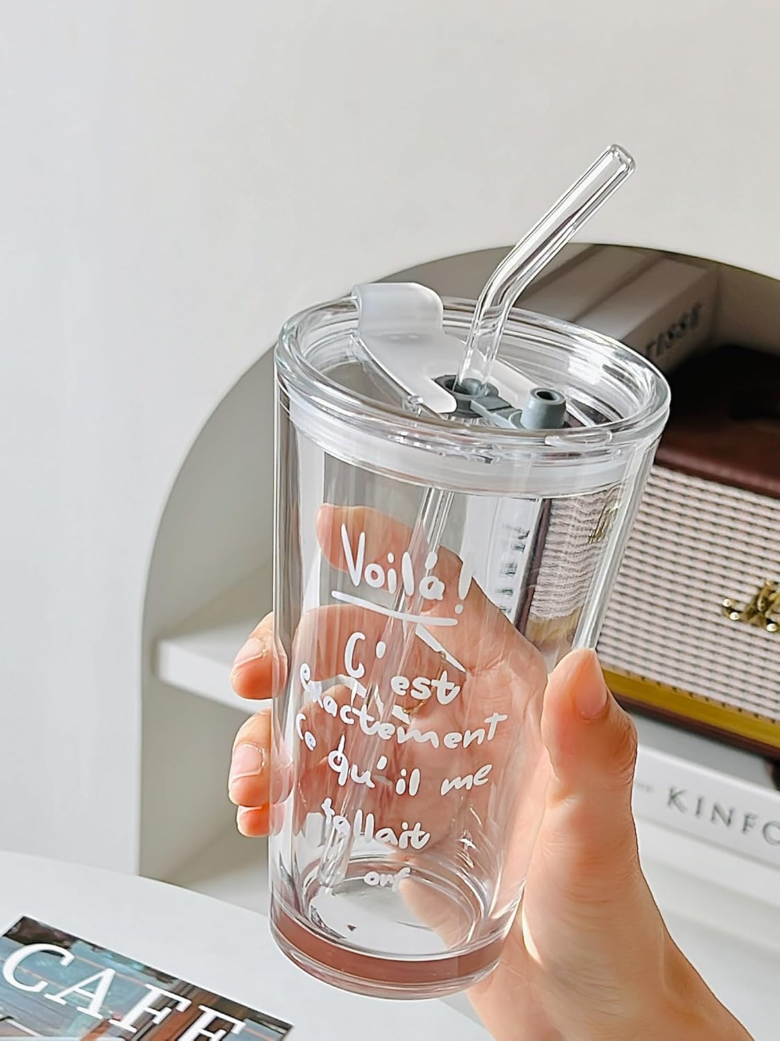 Olvini 15oz Glass Tumbler with Straw and Lid, Cute Iced Coffee Cups, Aesthetic Glass Cups, Coffee Tumbler, Water Cup, Matcha Cup, Drinking Glasses (Clear)