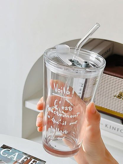 Olvini 15oz Glass Tumbler with Straw and Lid, Cute Iced Coffee Cups, Aesthetic Glass Cups, Coffee Tumbler, Water Cup, Matcha Cup, Drinking Glasses (Clear)
