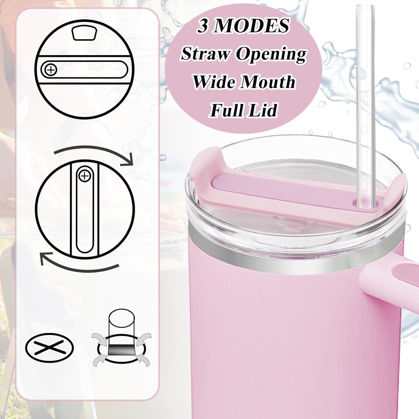 40oz Tumbler Lid Compatible for Stanley, 2 Pack Replacement Tumbler Lids Fit for Stanley Quencher 2.0 Tumbler 40 OZ, with Straws and Cleaning Brush (Orchid)