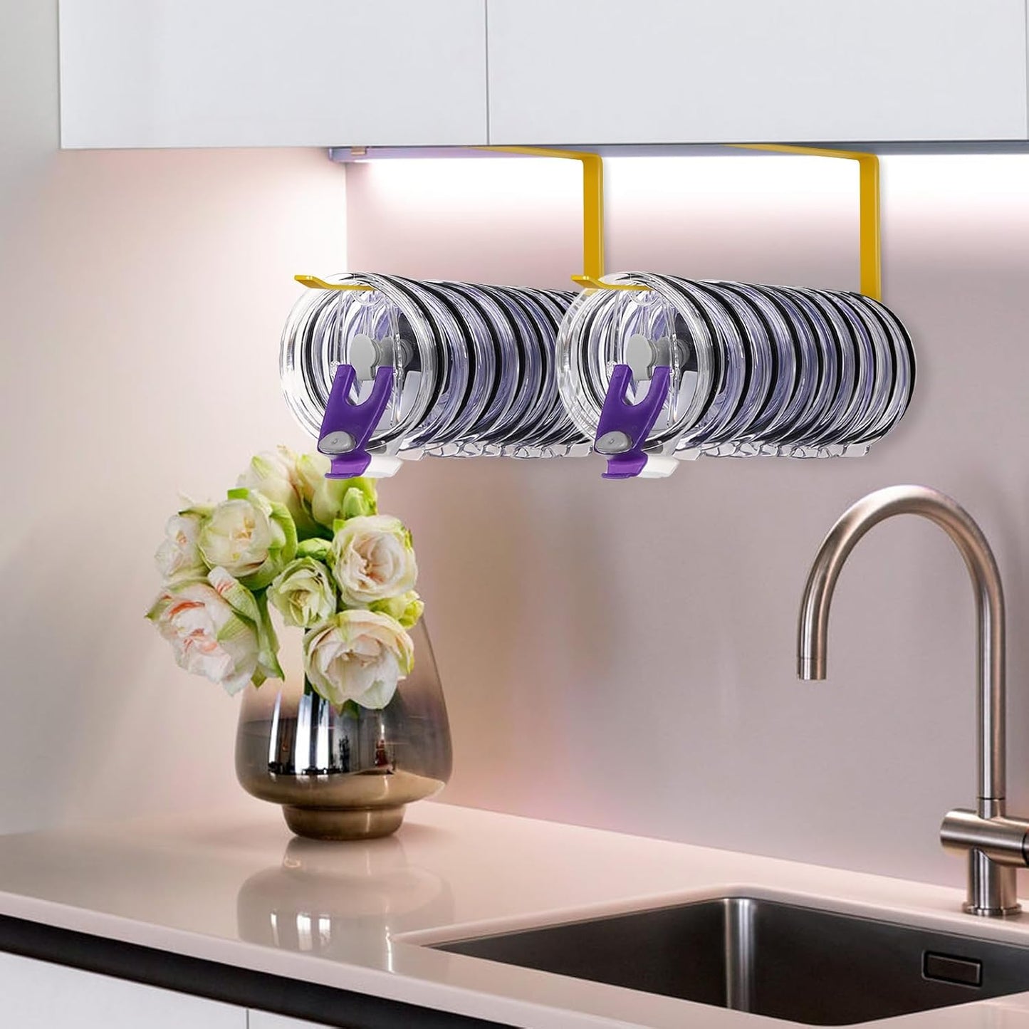 Tumbler Lid Organizer, Horizontal Tumbler Lid Storage Hook Up to 10 Lids, Space Saving Cup Lid Holders Under Cabinet Tumbler Lid Hook for Kitchen Organizer and Storage,Hanging Paper Towel Rack Hanger