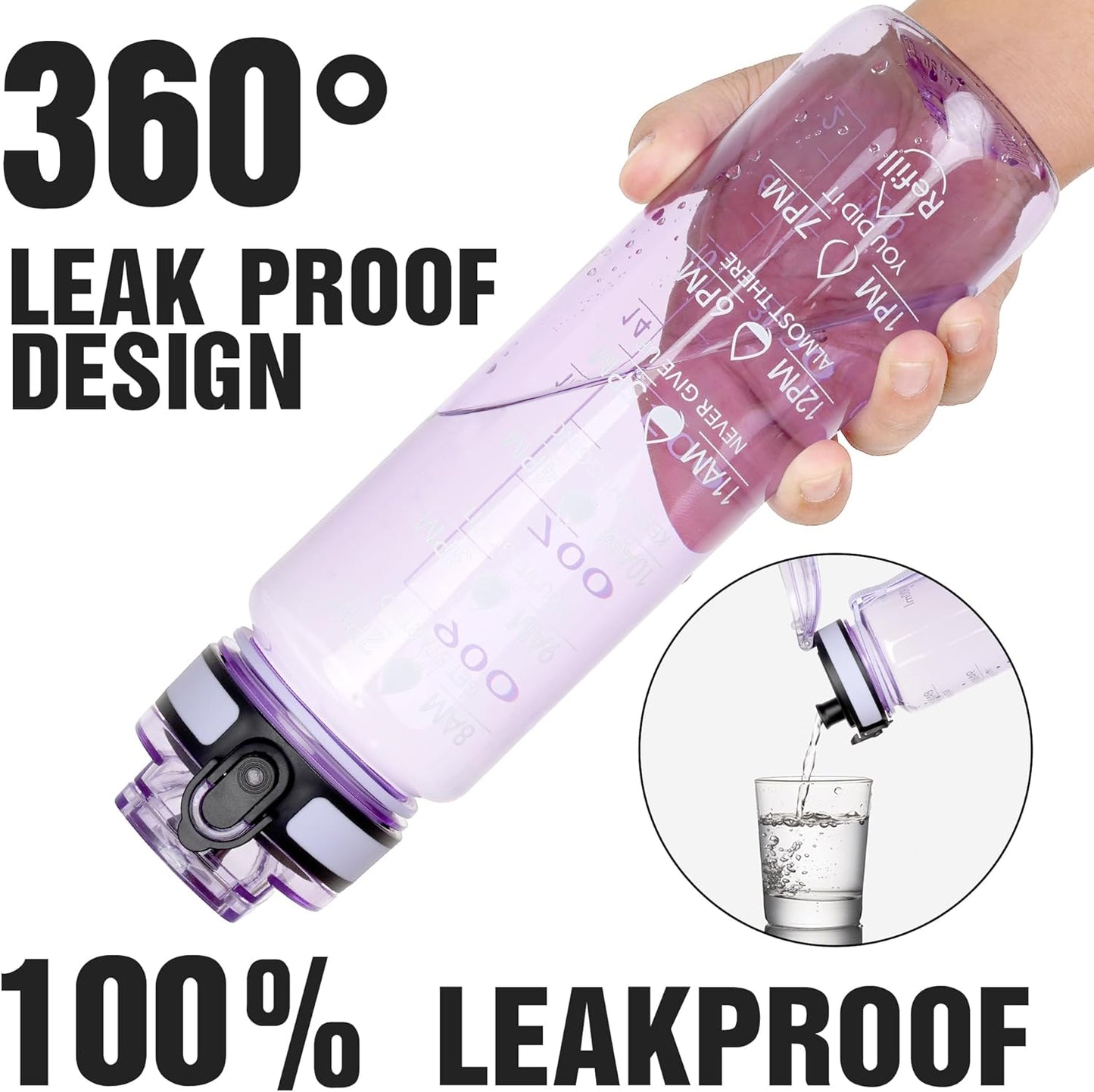 OLDLEY Water Bottle, 32oz Motivational Sports Water Bottle with Time Marker - Times to Drink - Tritan, BPA Free, Wide Mouth Leakproof, Clear (1 Bottle)