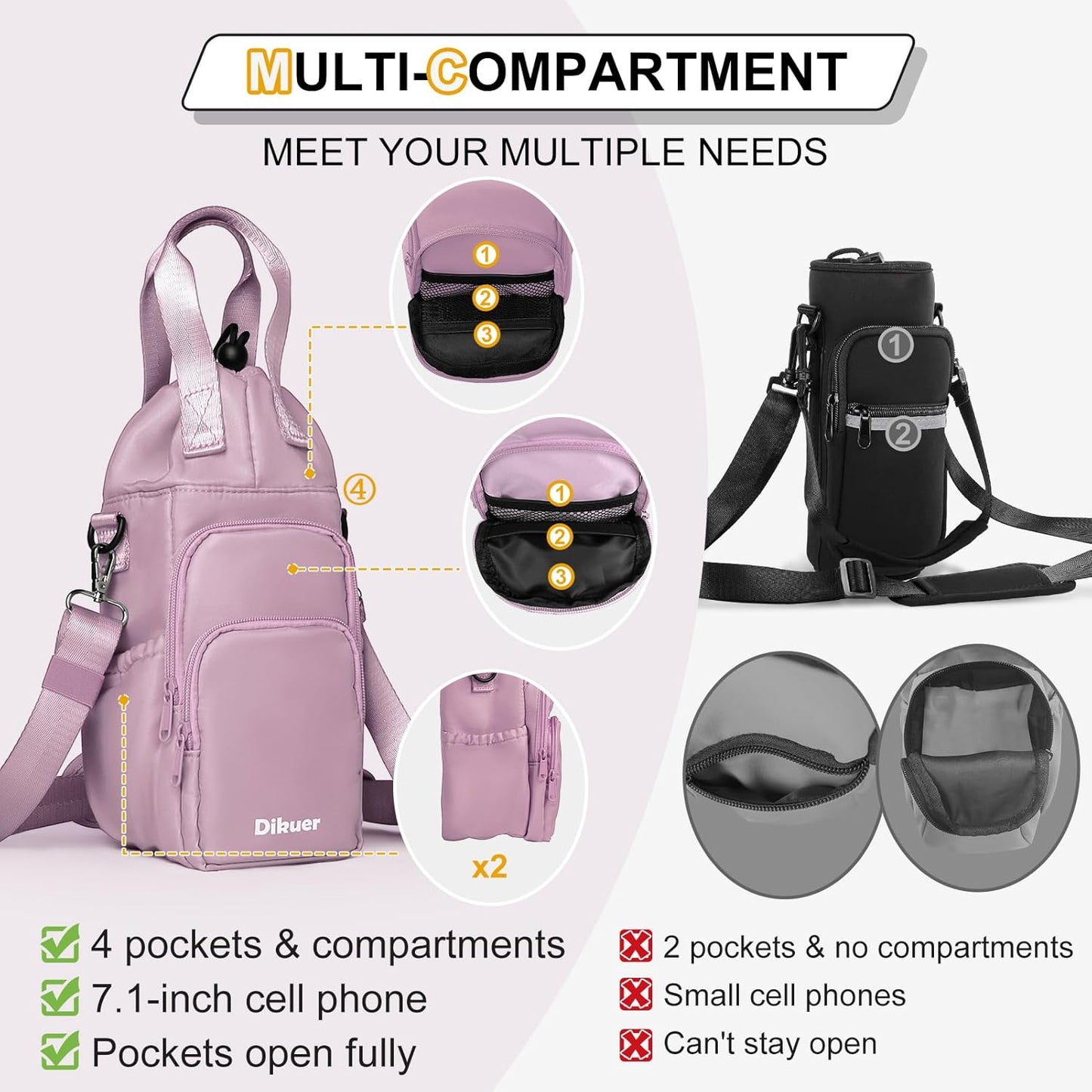 Water Bottle Holder with Strap, 4 Big Pockets with Compartment, 24oz/32oz/40oz Crossbody Water Bottle Carrier Bag