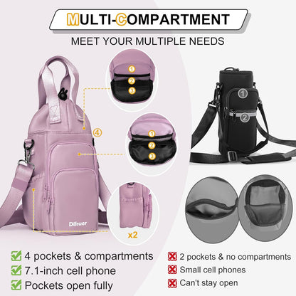 Water Bottle Holder with Strap, 4 Big Pockets with Compartment, 24oz/32oz/40oz Crossbody Water Bottle Carrier Bag