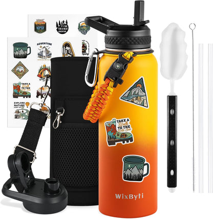 WixByti 40 oz Insulated Water Bottle with Straw (Cold for 36 Hrs), Stainless Steel Triple Wall Vacuum Sports Water Jug, Leakproof Hydro Cup Flask with Paracord Handle & Straw Spout Lids & DIY Stickers