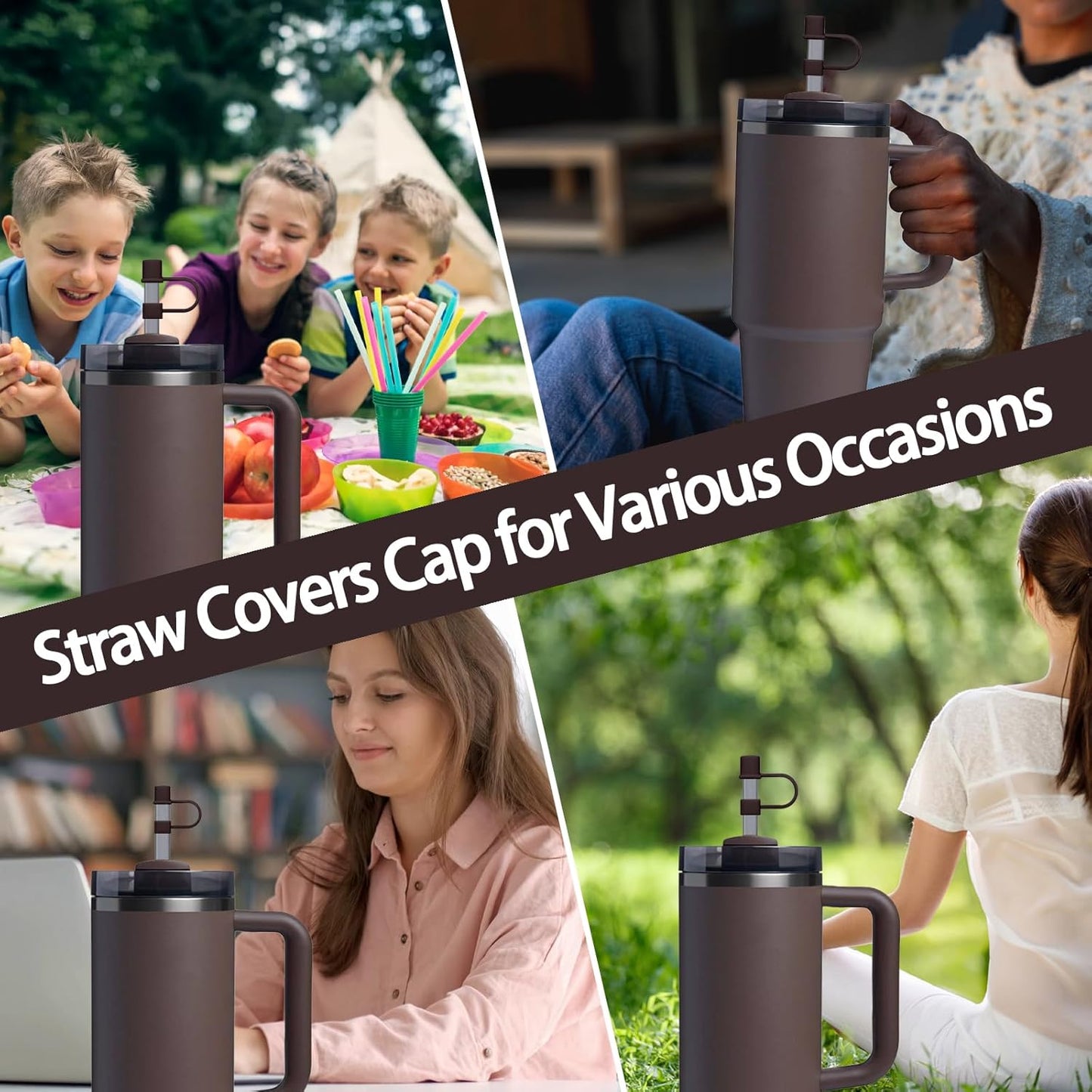 6PCS Silicone Straw Covers Cap Compatible with Stanley Cup 30-40 oz Tumbler with Handle 10mm Straw Toppers，Dust-Proof Reusable Straw Cover for Stanley Cup Accessories (Black)