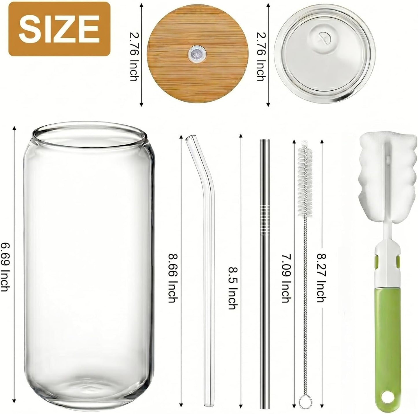 Glass Cups with Lids and Straws Set of 2 - Iced Coffee Cups with Lids for Cold Brew and Beer, 20 oz Can Shaped Glass with Bamboo Lids and Straws - Aesthetic Coffee Bar Gift for Coffee Lovers
