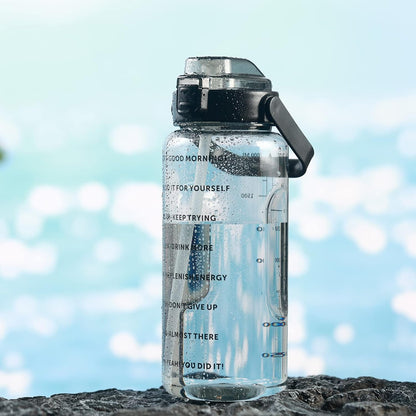 Large Motivational Water Bottle with Straw Time Marker BPA Free for Sport and Fitness (Pink Blue, 64 Oz / Half Gallon)