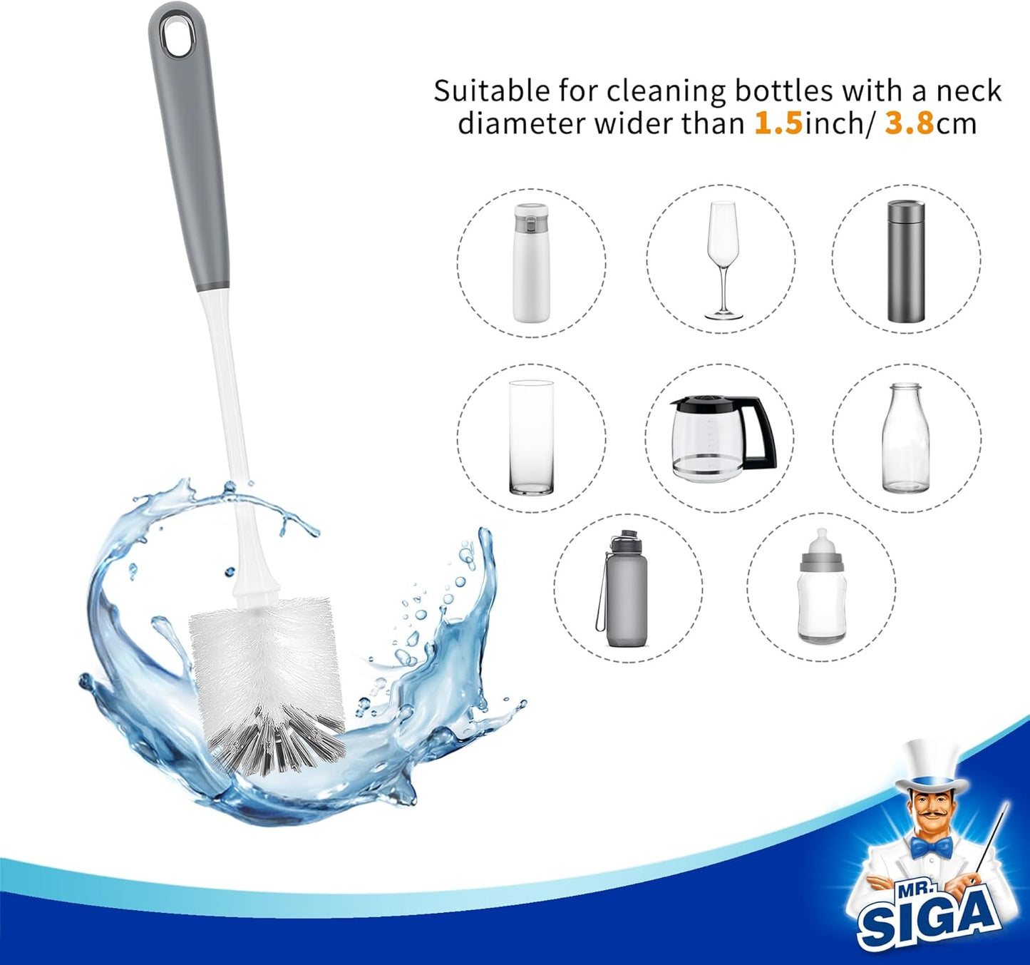 MR.SIGA Long Handle Bottle Brush, Flexible Scrub Brush for Water Bottles, Glasswares, Mugs, Black, 2 Pack
