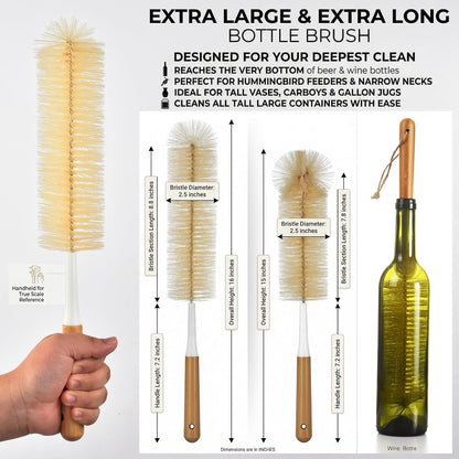 ALINK Extra Large Long Bottle Brush Set - 16" / 15" Long Bamboo Handle Bottle Cleaner for Narrow Neck Beer Wine Bottles, Decanter, Tumblers, Thermos, Jugs with Straw Brush, Kettle Spout/Lid Brush