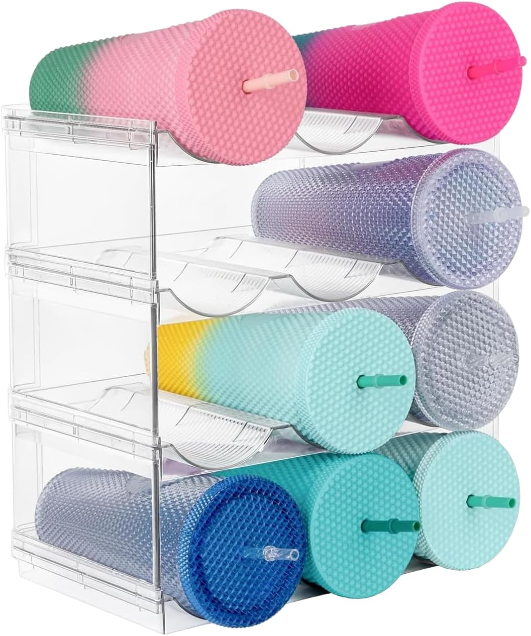 Stackable Water Bottle Organizer for Cabinet, Plastic Bottle Holder Designed for Starbucks Studded Tumblers up to 40oz, Plastic Cup Holder&Wine Rack for Pantry,Cupboard- 2 Layers Hold 6 Bottles