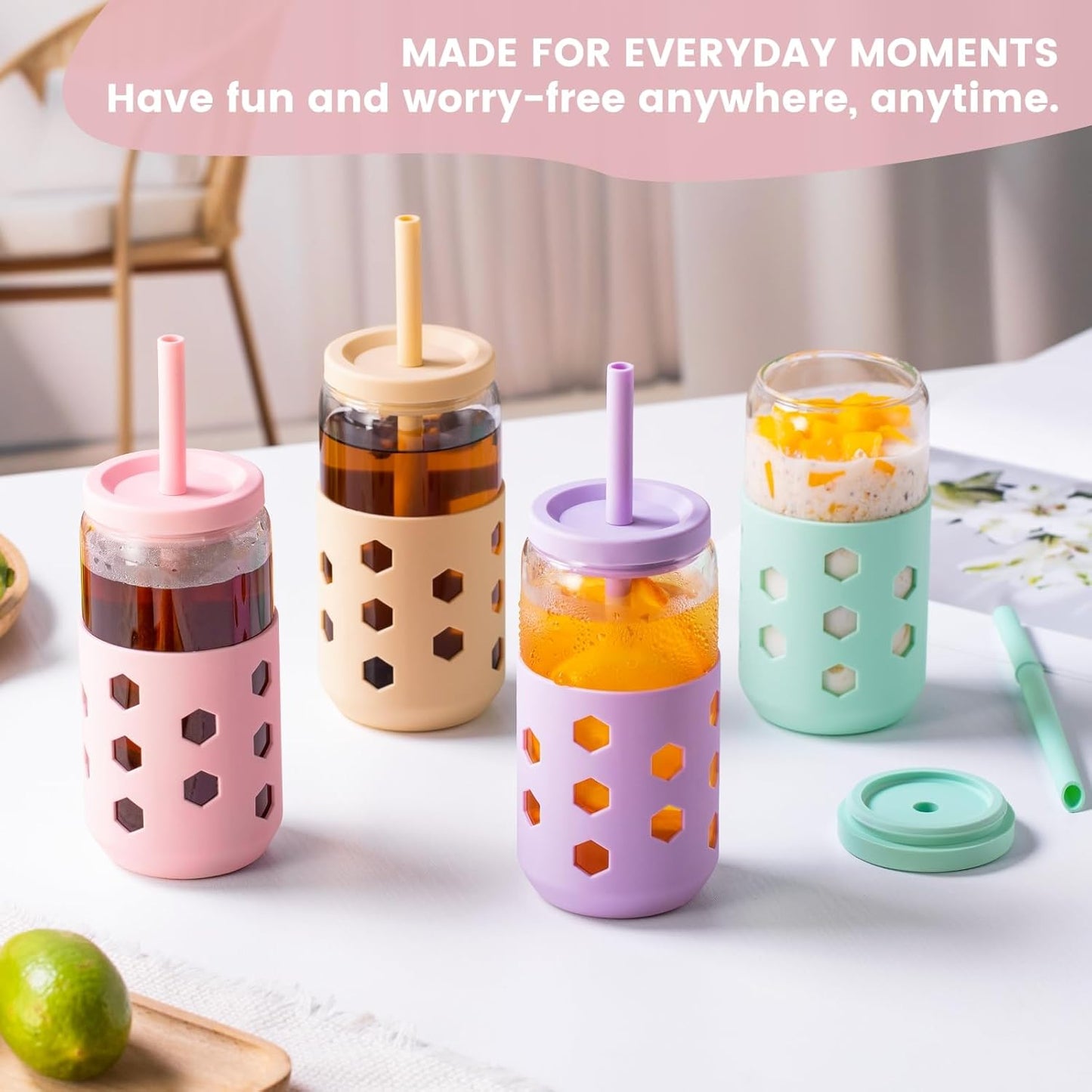 Mrsdry Glass Cups with Lids and Straws (4 Pcs), 16oz Drinking Glasses Set with Silicone Sleeves for Coffee Bar Accessories Iced Coffee Cups with Lids, Glass Tumbler Reusable for Gifts
