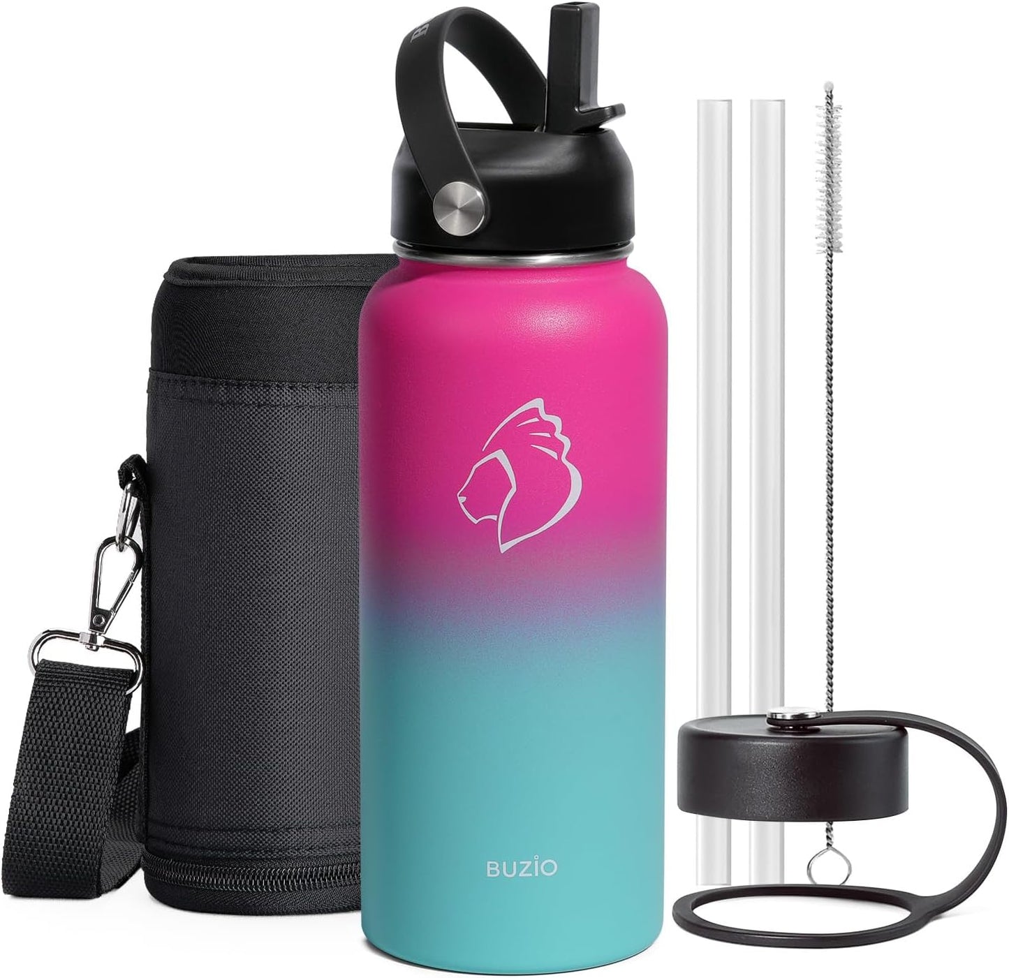 BUZIO 40oz Insulated Water Bottle, Triple Wall Vacuum Stainless Steel Water Flask with 2 lids, Lead-Free BPA-Free Straw Lid Sports Canteen Jug, Cold 48H & Hot 24H- Black - Colors B