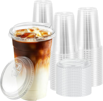 BYSNOW 100 Pack 16 oz Clear Plastic Cups with Lids, Disposable Iced Coffee Cups with Sip Lids, Sturdy Plastic Smoothie Cups for Cold Drinks