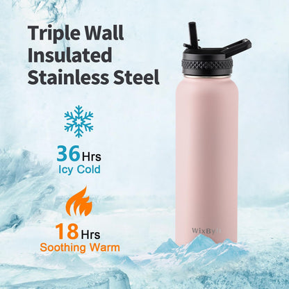 WixByti 40 oz Insulated Water Bottle with Straw (Cold for 36 Hrs), Stainless Steel Triple Wall Vacuum Sports Water Jug, Leakproof Hydro Cup Flask with Paracord Handle & Straw Spout Lids & DIY Stickers