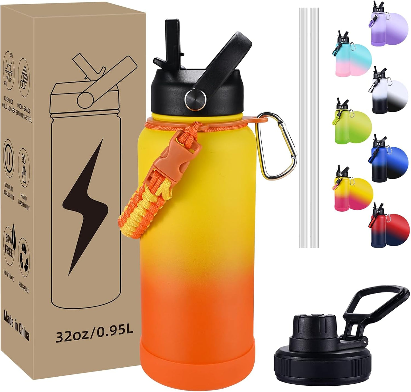 Insulated Water Bottle, 32 oz Stainless Steel Wide Mouth Water Bottles with 2 Leak Proof Lid and Paracord Handle, Double Wall Vacuum Insulated Sports Water Bottle, Purple Black