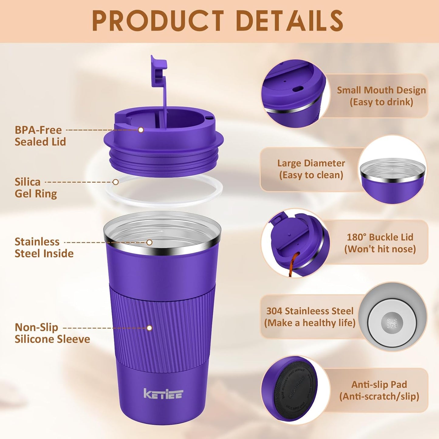 KETIEE Travel Coffee Mug Spill Proof 12oz, Insulated Travel Mug to Go, Reusable Coffee Cup with Seal Lid, Vacuum Stainless Steel Tumbler for Hot/Cold Drinks (Red)
