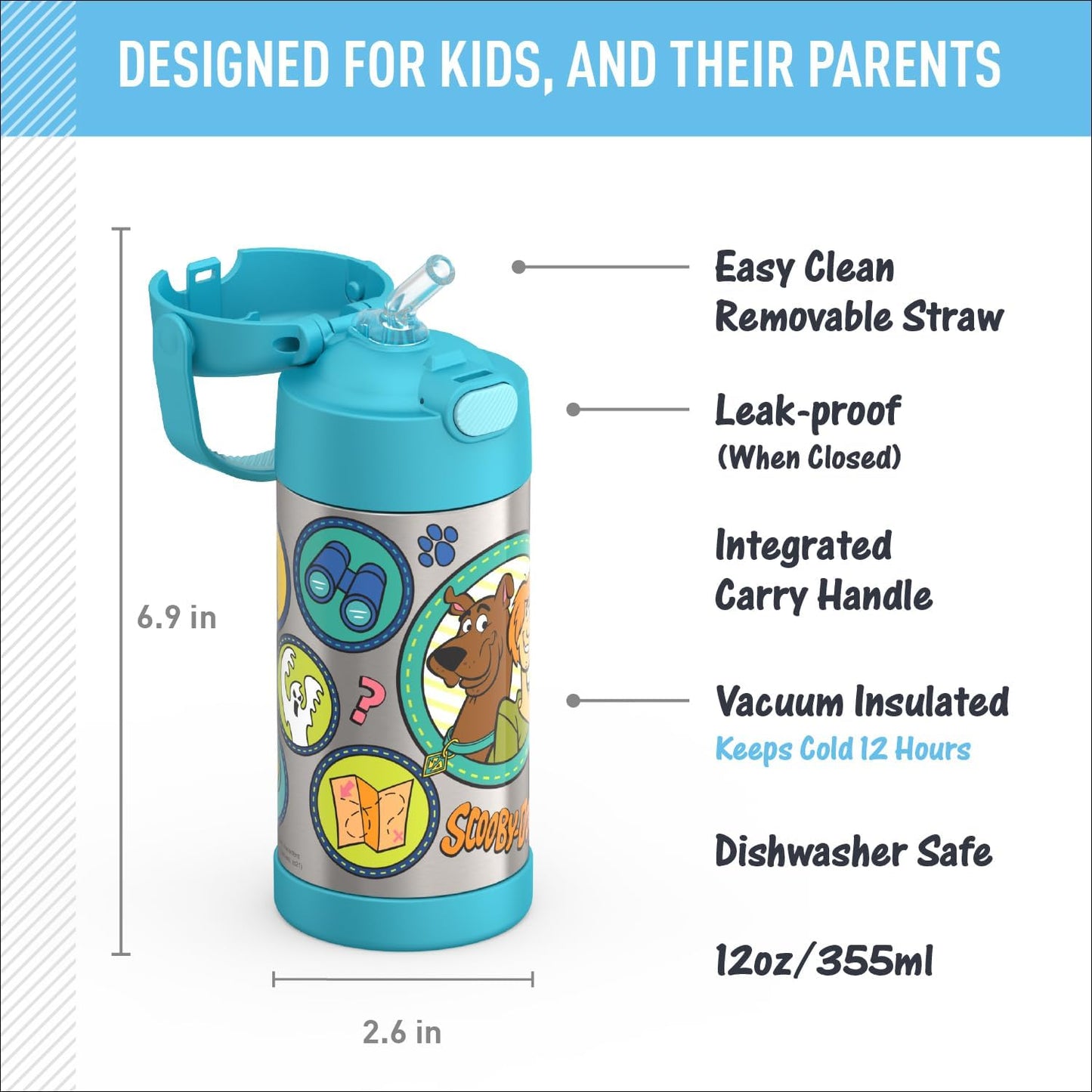 THERMOS FUNTAINER Water Bottle with Straw - 12 Ounce - Kids Stainless Steel Vacuum Insulated Water Bottle with Lid, Bluey - Colors A