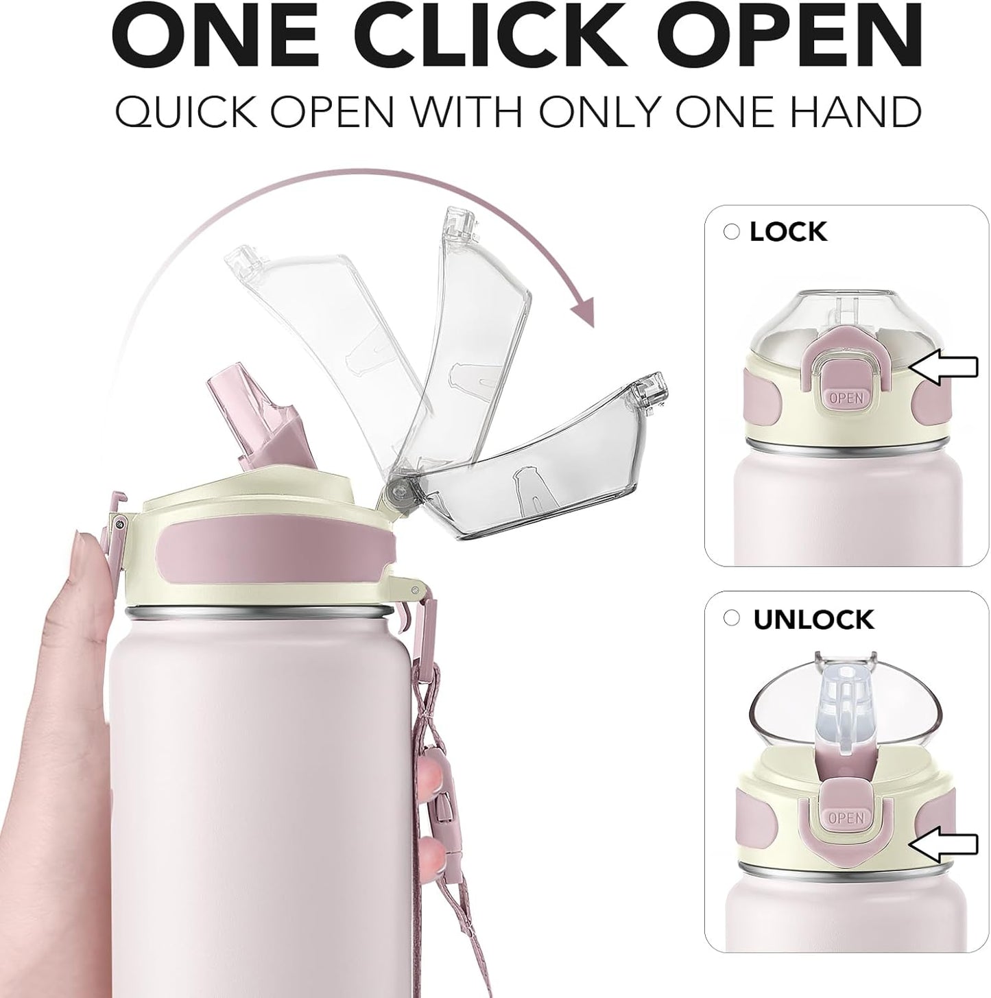Enerbone 24 oz Insulated Water Bottle, Stainless Steel Bottle with Carrying Strap, Double-Wall Vacuum Insulation Design, Leakproof Sports Bottle with Straw, Keep Drinks Cold or Hot for Hours