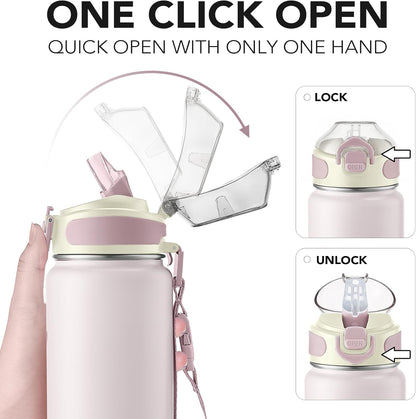 Enerbone 24 oz Insulated Water Bottle, Stainless Steel Bottle with Carrying Strap, Double-Wall Vacuum Insulation Design, Leakproof Sports Bottle with Straw, Keep Drinks Cold or Hot for Hours