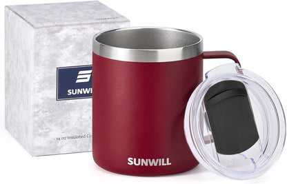 SUNWILL Travel Coffee Mug with Lid, Insulated Tumbler with Handle, 14 oz Stainless Steel Cup for Ice, Water, Tea, Rose Gold