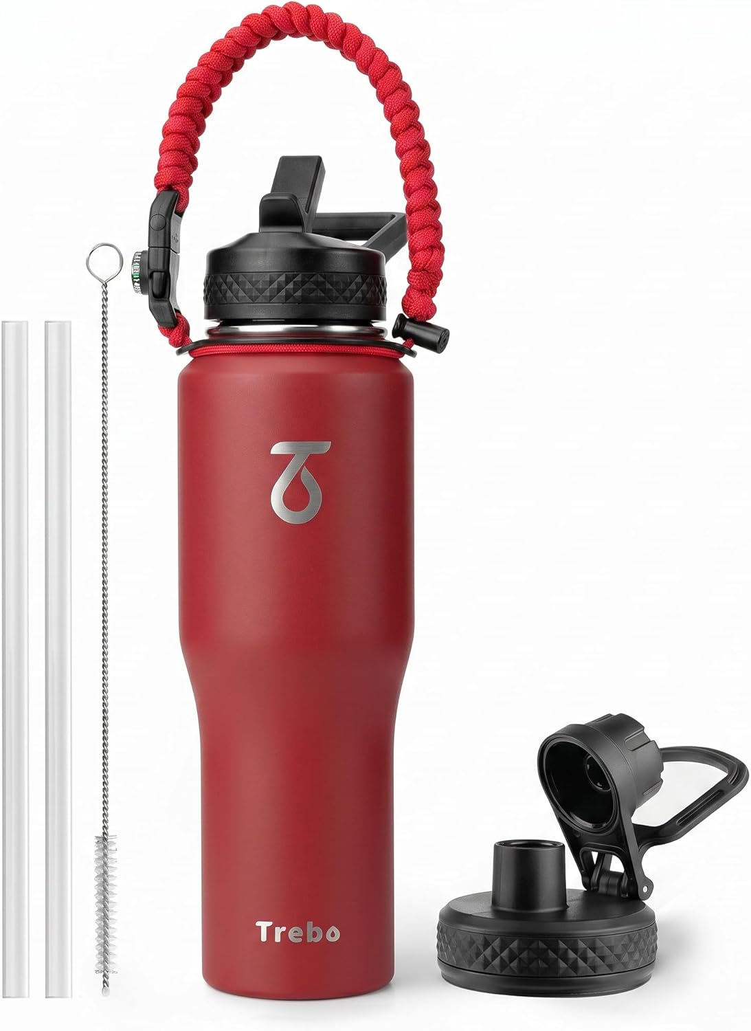 Trebo 40 oz Water Bottle Insulated Fit Car Cup Holder with Handle, Stainless Steel Water Bottles Tumbler with Spout Straw Lids, Double Wall Travel Reusable Flask, Leakproof Mug,Keep Cold &Hot,Black
