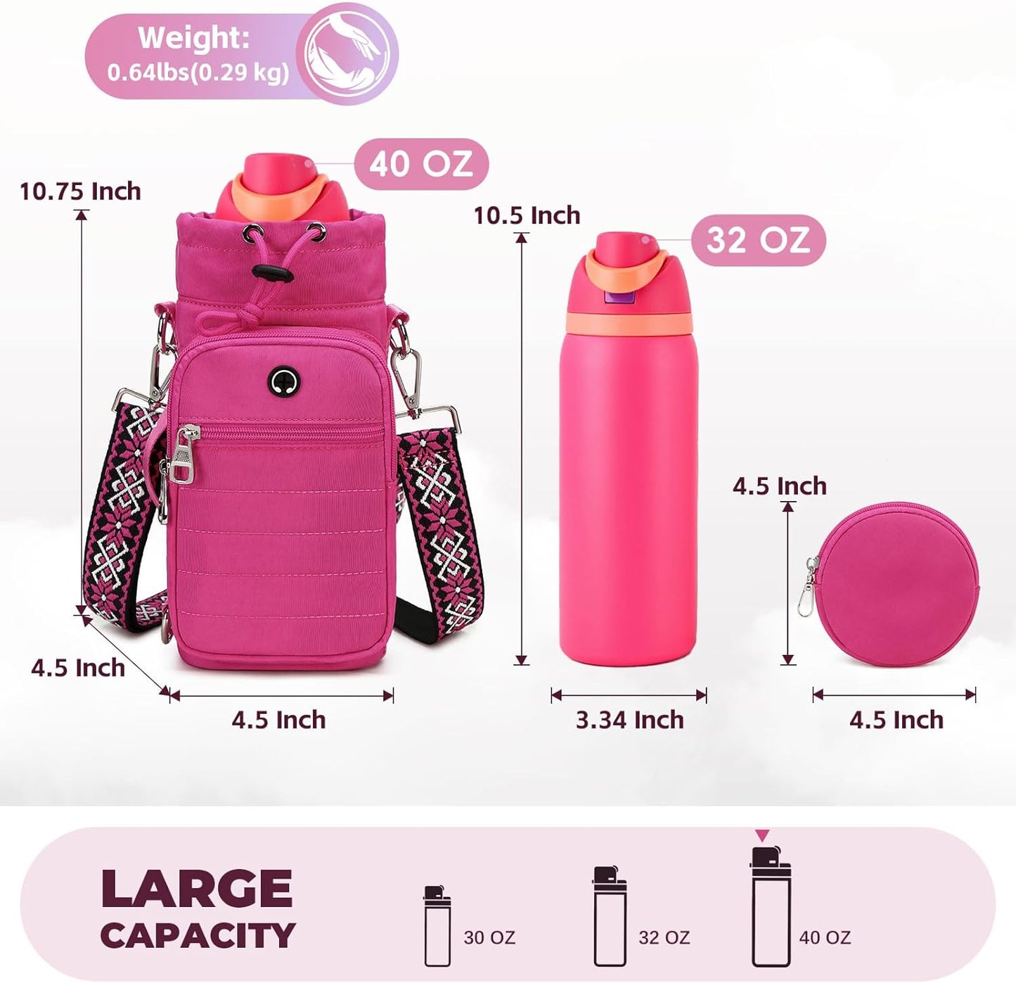 Water Bottle Carrier Bag with Strap, Sling Bag for Walking, Hiking, Cycling, Black, 40 Ounces