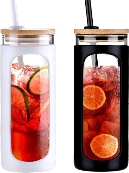 Kodrine 20oz Glass Water Tumbler with Straw and Lid, Bamboo Lids Water Bottle, Iced Coffee Cup Reusable, Wide Mouth Smoothie Cups with Protective Silicone Sleeve BPA FREE-Black - Colors B