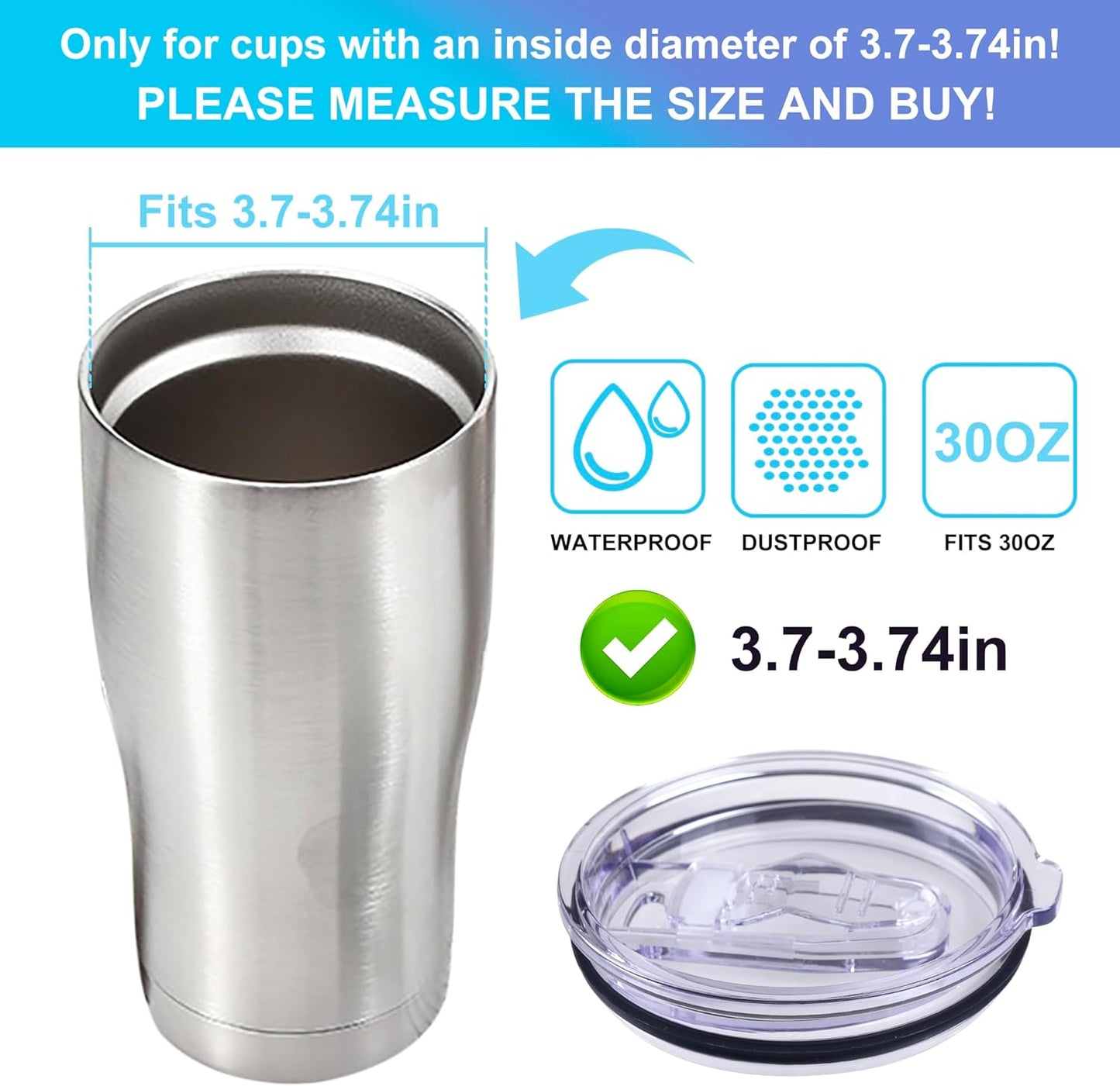 2 Replacement Lids for Stainless Steel Tumbler Travel Cup - Fits OF Inner diameter 3.7 to 3.74 INCH Yeti Rambler and others (Transparent) (30 OZ)