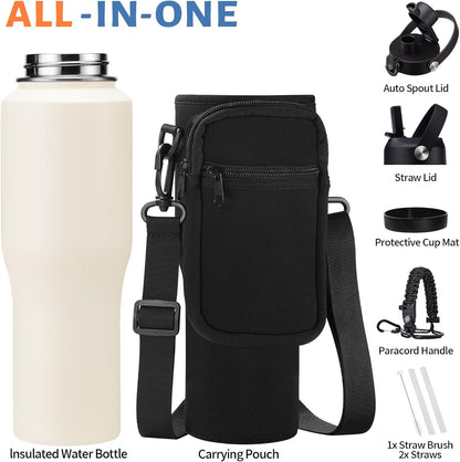Insulated Water Bottle 40 oz - Fits in any Car Cup Holder, Keep Cold 48H Hot 24H, Stainless Steel Waterbottle Double Wall Flask with Straw, Pop-up Spout Lid, Paracord Handle, Carrier Bag