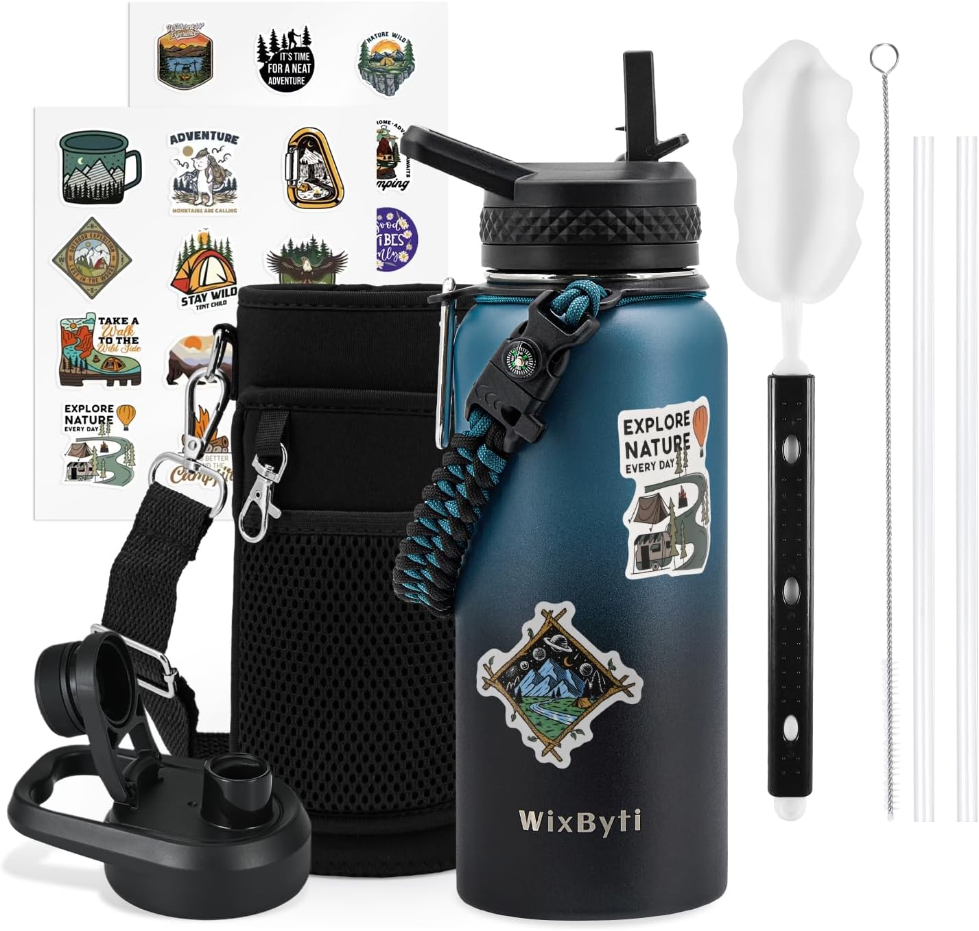 WixByti 40 oz Insulated Water Bottle with Straw (Cold for 36 Hrs), Stainless Steel Triple Wall Vacuum Sports Water Jug, Leakproof Hydro Cup Flask with Paracord Handle & Straw Spout Lids & DIY Stickers