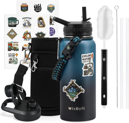 WixByti 40 oz Insulated Water Bottle with Straw (Cold for 36 Hrs), Stainless Steel Triple Wall Vacuum Sports Water Jug, Leakproof Hydro Cup Flask with Paracord Handle & Straw Spout Lids & DIY Stickers
