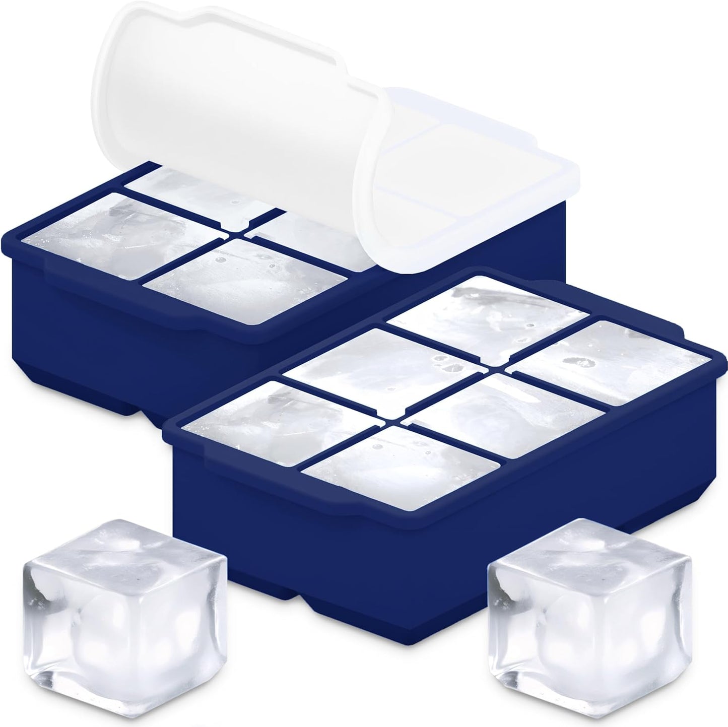 KitchFort Large Silicone Ice Cube Tray (2-Pack), Easy Release 2" Big Ice Cubes - Cocktail, Whiskey Ice Cubes Mold - Ice Trays for Freezer with Lid - Stackable Silicone Ice Tray - Black