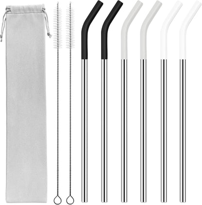 40 oz Stainless Metal Straws for 40 oz Stanley Tumbler, 6Pcs Reusable Straight Long Steel Straws with 12 Silicone Tips and 2 Straw Cleaning Brushes (6Color1, 40oz)