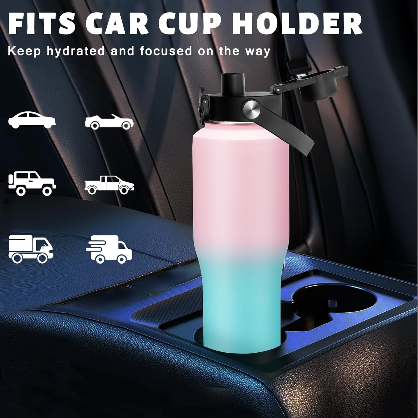 Insulated Water Bottle 40 oz - Fits in any Car Cup Holder, Keep Cold 48H Hot 24H, Stainless Steel Waterbottle Double Wall Flask with Straw, Pop-up Spout Lid, Paracord Handle, Carrier Bag