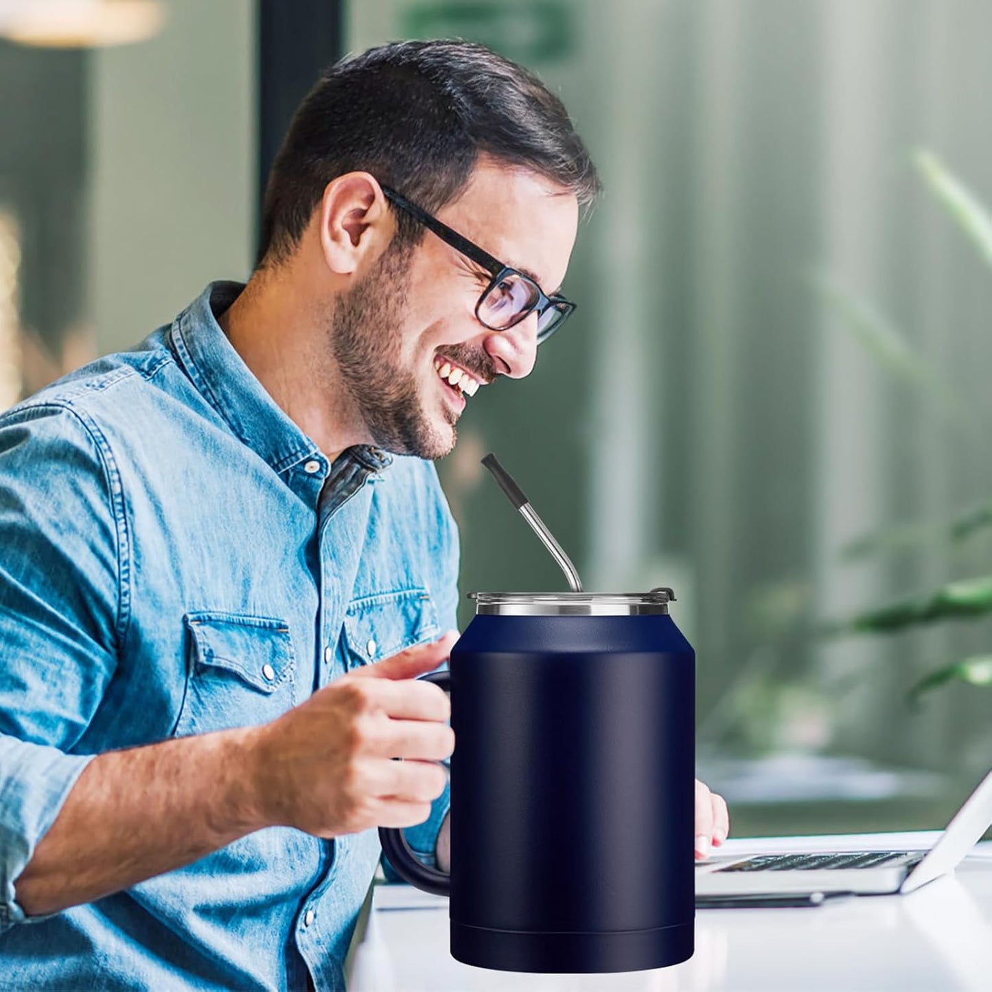 50 oz Insulated Tumbler with Handle and Straw - Stainless Steel Double Wall Coffee Mug, 2-in-1 Lid Metal Water Bottle, 36H Cold 24H Hot Travel Hydro Cup Jug with Silicone Boot