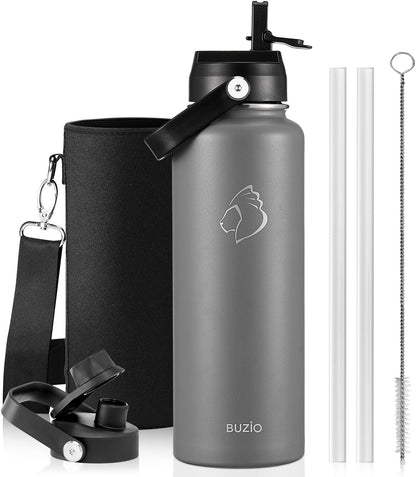 BUZIO 40oz Insulated Water Bottle, Triple Wall Vacuum Stainless Steel Water Flask with 2 lids, Lead-Free BPA-Free Straw Lid Sports Canteen Jug, Cold 48H & Hot 24H- Black - Colors A