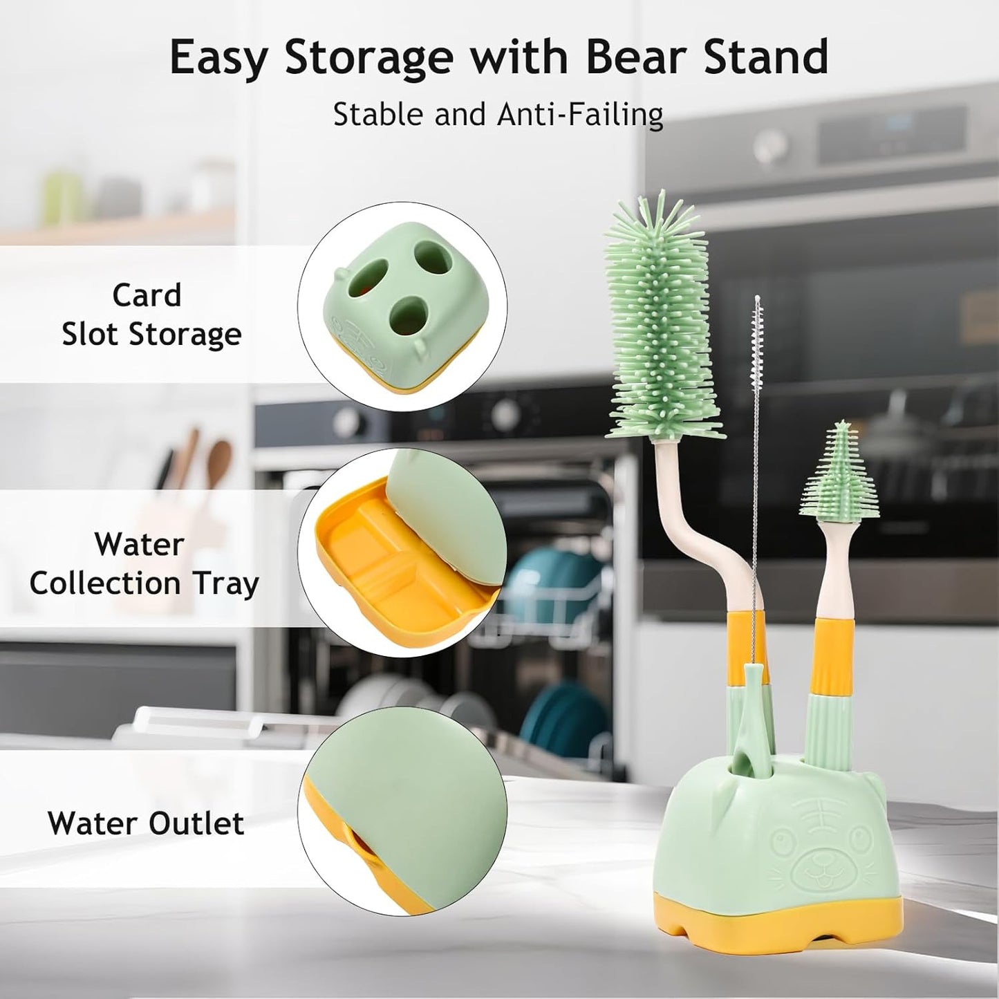 3 in 1 Baby Silicone Bottle Brush Set, Multipurpose Bottle Cleaner, Bottle Brush with Storage Holder, Food Grade Silicone, Effortless Scrubbing, Baby Bottle Cleaning Brush (Green)