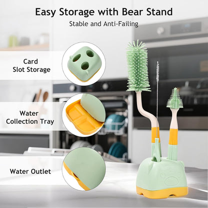 3 in 1 Baby Silicone Bottle Brush Set, Multipurpose Bottle Cleaner, Bottle Brush with Storage Holder, Food Grade Silicone, Effortless Scrubbing, Baby Bottle Cleaning Brush (Green)