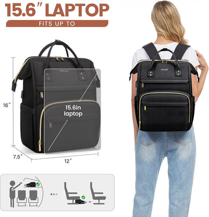 LOVEVOOK Laptop Backpack for Women with Giant Tumbler Holder Pocket,15.6 inch Waterproof Travel Backpack Purse Computer Laptop Bag,Professional Work College Nurse Teacher Backpack Casual Daypack,Black