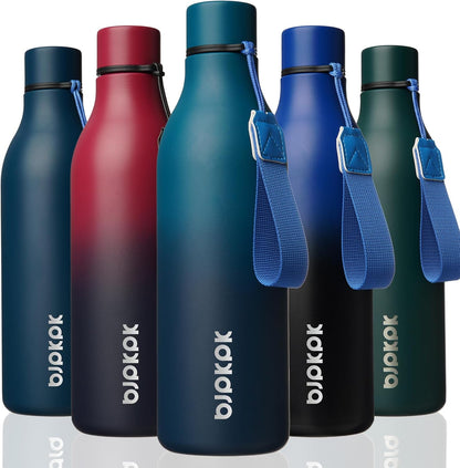 BJPKPK Insulated Water Bottles, 18 oz Stainless Steel Metal Water Bottle with Strap, BPA Free Leak Proof Jugs, Mugs, Flasks, Reusable Thermal Flasks for Sports & Travel, Black - Colors B